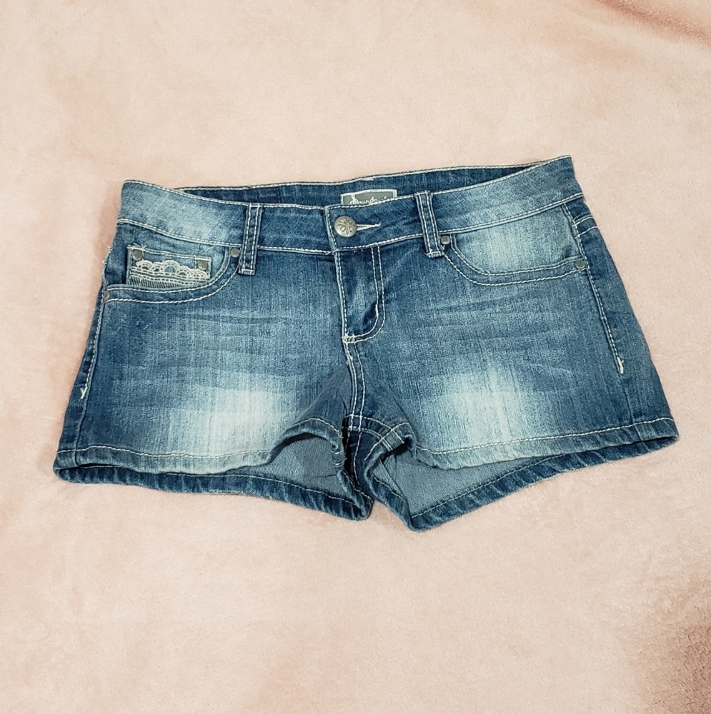 Blue Medium Wash Denim Short Shorts w/ Embroidery and Gem Details SIZE 9